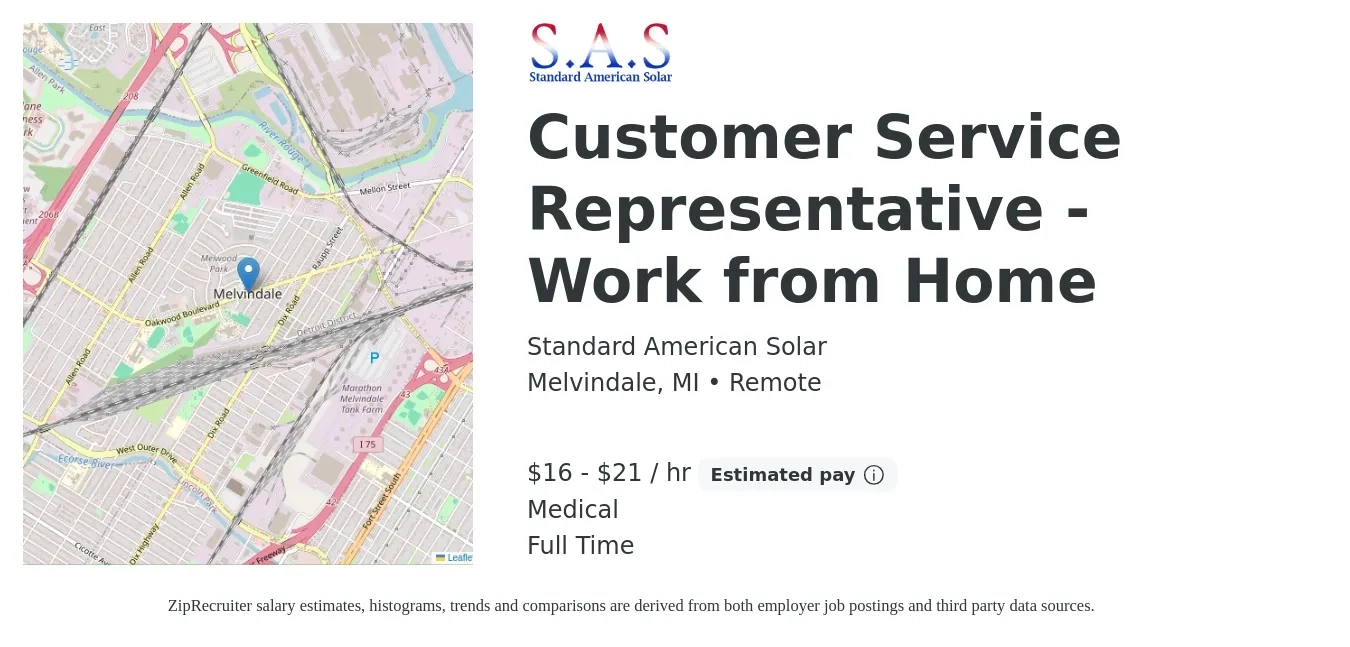 Standard American Solar job posting for a Customer Service Representative - Work from Home in Melvindale, MI with a salary of $17 to $22 Hourly and benefits including life_insurance, and medical with a map of Melvindale location.