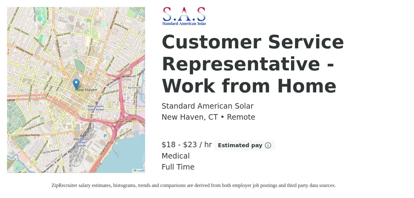 Standard American Solar job posting for a Customer Service Representative - Work from Home in New Haven, CT with a salary of $19 to $24 Hourly and benefits including life_insurance, and medical with a map of New Haven location.