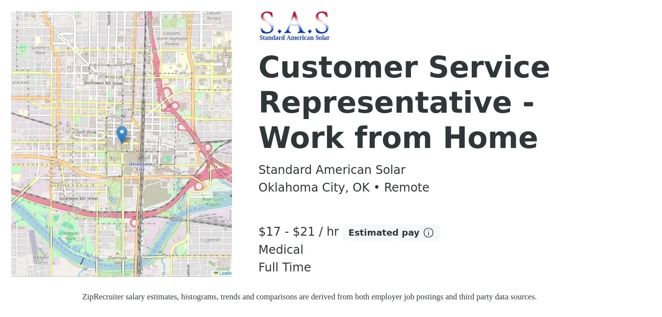 Standard American Solar job posting for a Customer Service Representative - Work from Home in Oklahoma City, OK with a salary of $18 to $22 Hourly and benefits including life_insurance, and medical with a map of Oklahoma City location.
