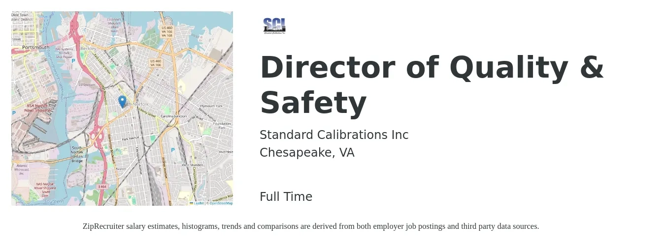 Standard Calibrations Inc job posting for a Director of Quality & Safety in Chesapeake, VA with a salary of $79,400 to $131,800 Yearly with a map of Chesapeake location.