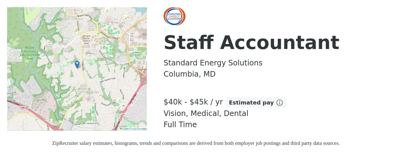 Standard Energy Solutions job posting for a Staff Accountant in Columbia, MD with a salary of $40,000 to $45,000 Yearly and benefits including vision, dental, life_insurance, medical, and pto with a map of Columbia location.