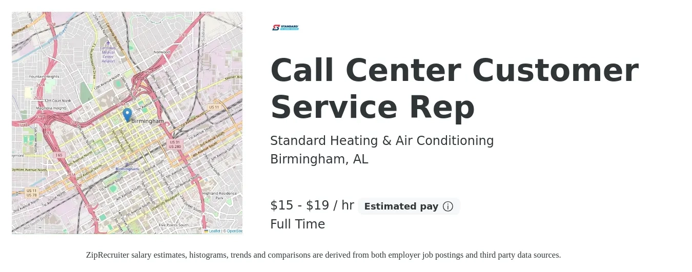 Standard Heating & Air Conditioning job posting for a Call Center Customer Service Rep in Birmingham, AL with a salary of $16 to $20 Hourly with a map of Birmingham location.