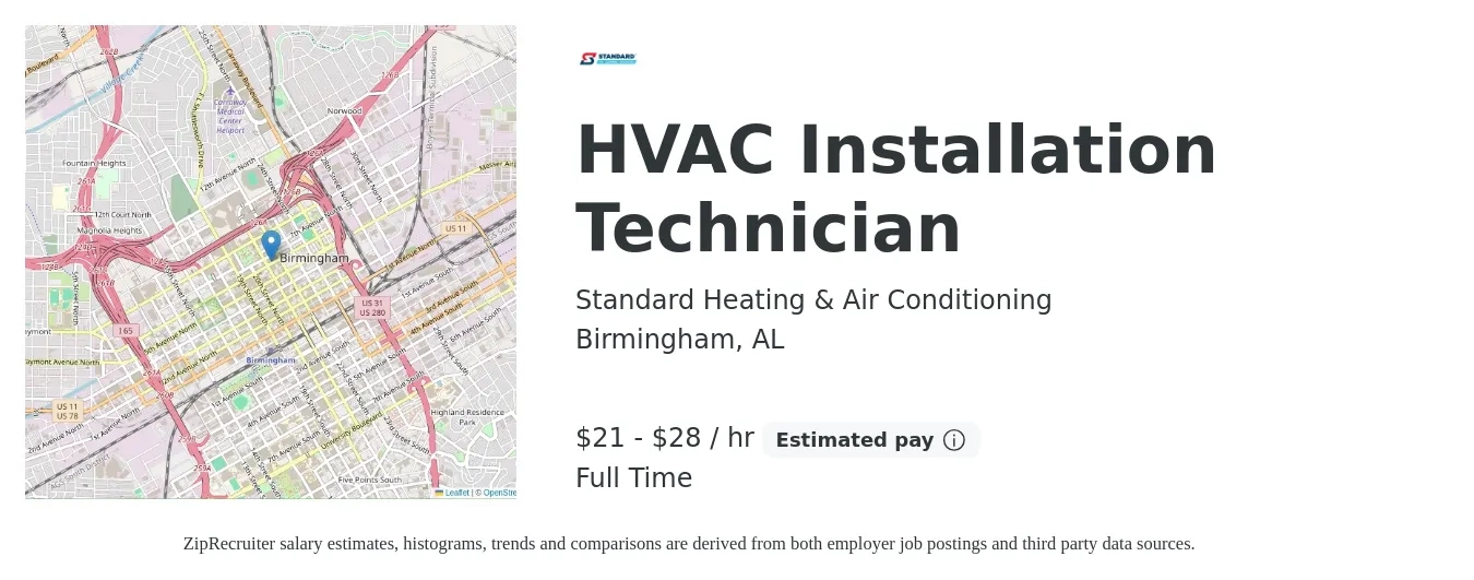 Standard Heating & Air Conditioning job posting for a HVAC Installation Technician in Birmingham, AL with a salary of $22 to $30 Hourly with a map of Birmingham location.