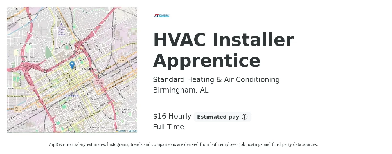 Standard Heating & Air Conditioning job posting for a HVAC Installer Apprentice in Birmingham, AL with a salary of $17 Hourly with a map of Birmingham location.