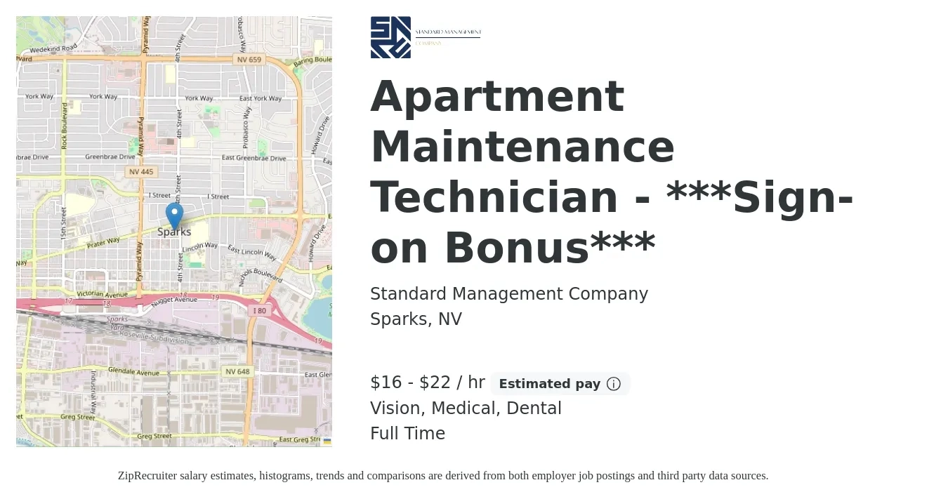 Standard Management Company job posting for a Apartment Maintenance Technician - ***Sign-on Bonus*** in Sparks, NV with a salary of $17 to $23 Hourly and benefits including medical, retirement, vision, dental, and life_insurance with a map of Sparks location.