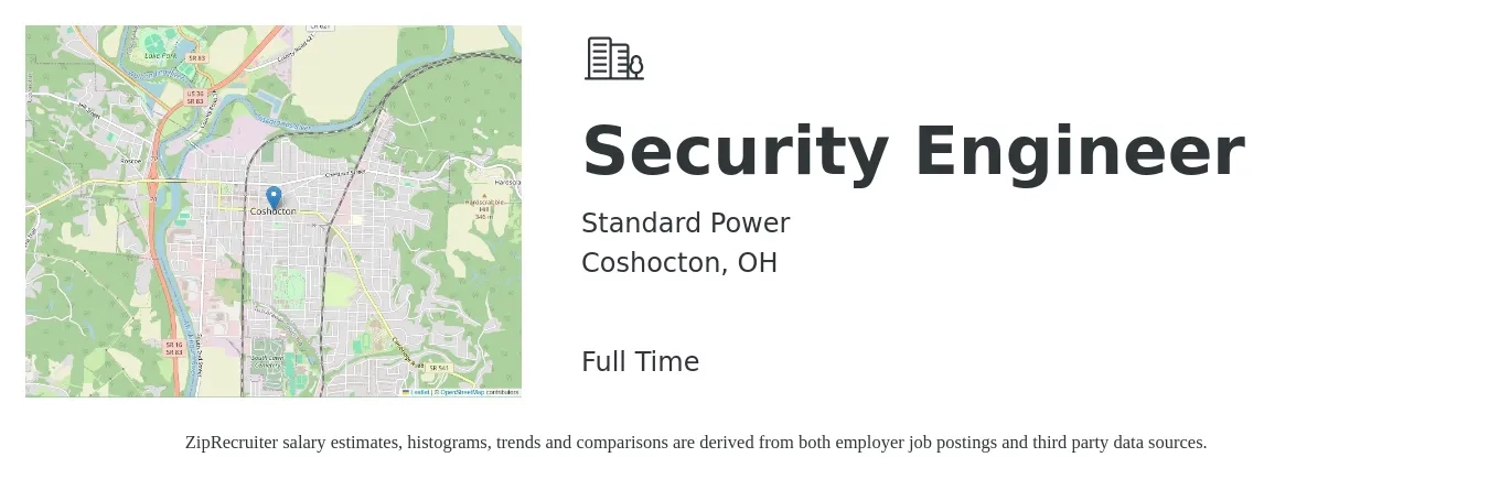 Standard Power job posting for a Security Engineer in Coshocton, OH with a salary of $126,800 to $140,500 Yearly with a map of Coshocton location.