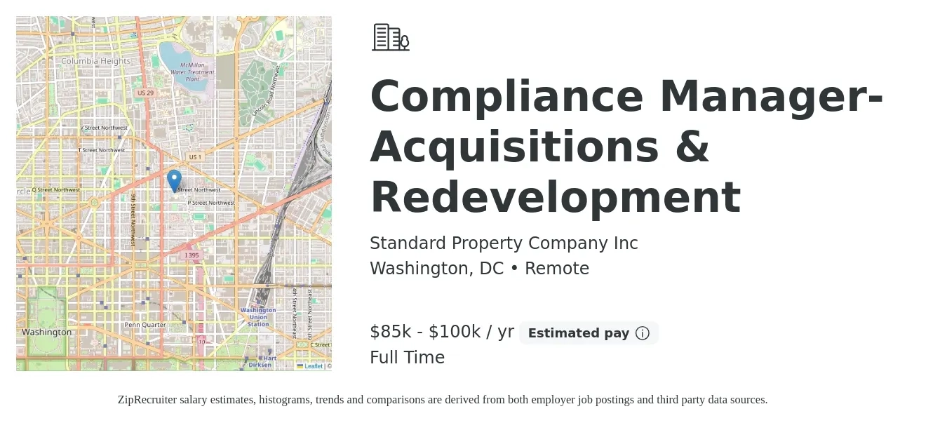 Standard Property Company Inc job posting for a Compliance Manager-Acquisitions & Redevelopment in Washington, DC with a salary of $85,000 to $100,000 Yearly with a map of Washington location.