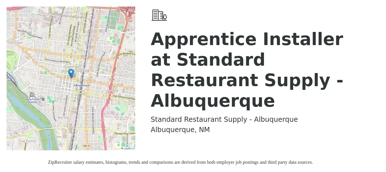 Standard Restaurant Supply - Albuquerque job posting for a Apprentice Installer at Standard Restaurant Supply - Albuquerque in Albuquerque, NM with a salary of $16 to $21 Hourly with a map of Albuquerque location.