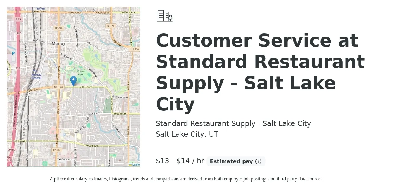 Standard Restaurant Supply - Salt Lake City job posting for a Customer Service at Standard Restaurant Supply - Salt Lake City in Salt Lake City, UT with a salary of $14 to $15 Hourly with a map of Salt Lake City location.