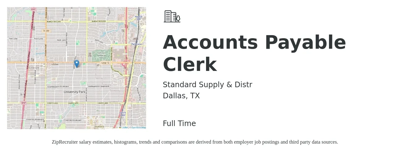Standard Supply & Distr job posting for a Accounts Payable Clerk in Dallas, TX with a salary of $18 to $22 Hourly with a map of Dallas location.