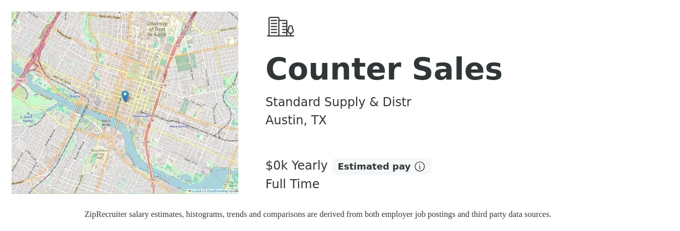 Standard Supply & Distr job posting for a Counter Sales in Austin, TX with a salary of $17 to $19 Hourly with a map of Austin location.