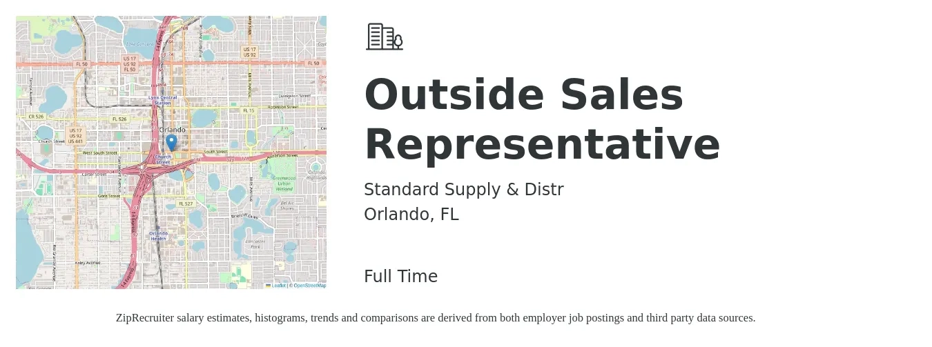 Standard Supply & Distr job posting for a Outside Sales Representative in Orlando, FL with a salary of $49,000 to $84,000 Yearly with a map of Orlando location.