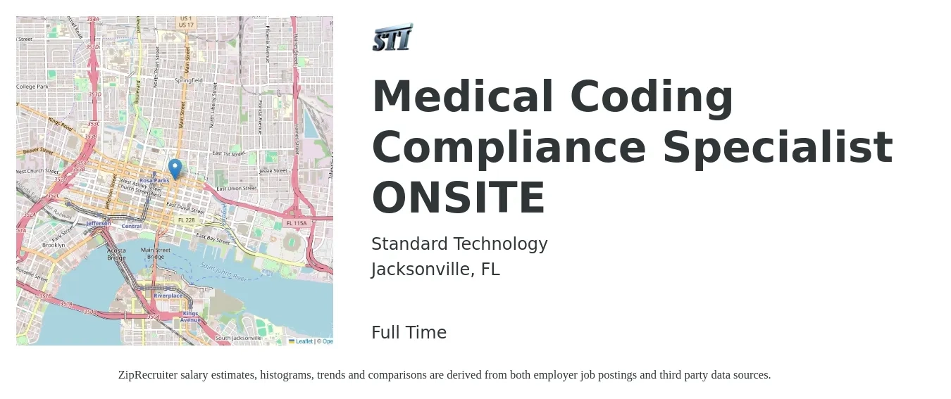 Standard Technology job posting for a Medical Coding Compliance Specialist ONSITE in Jacksonville, FL with a salary of $22 to $32 Hourly with a map of Jacksonville location.