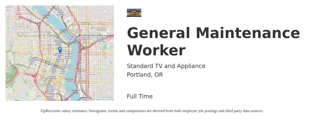 Standard TV and Appliance job posting for a General Maintenance Worker in Portland, OR with a salary of $18 to $25 Hourly with a map of Portland location.