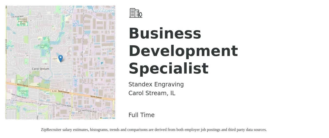 Standex Engraving job posting for a Business Development Specialist in Carol Stream, IL with a salary of $48,400 to $80,900 Yearly with a map of Carol Stream location.