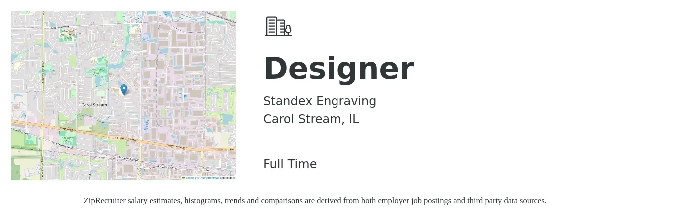 Standex Engraving job posting for a Designer in Carol Stream, IL with a salary of $59,800 to $112,300 Yearly with a map of Carol Stream location.
