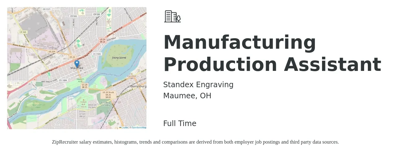 Standex Engraving job posting for a Manufacturing Production Assistant in Maumee, OH with a salary of $15 to $20 Hourly with a map of Maumee location.