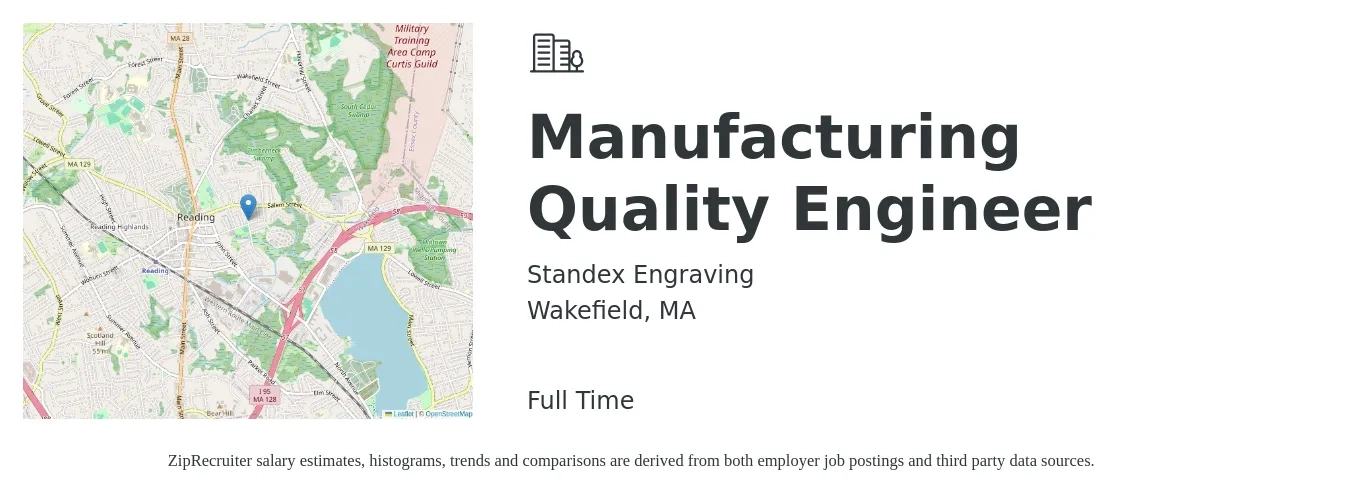 Standex Engraving job posting for a Manufacturing Quality Engineer in Wakefield, MA with a salary of $78,500 to $101,200 Yearly with a map of Wakefield location.