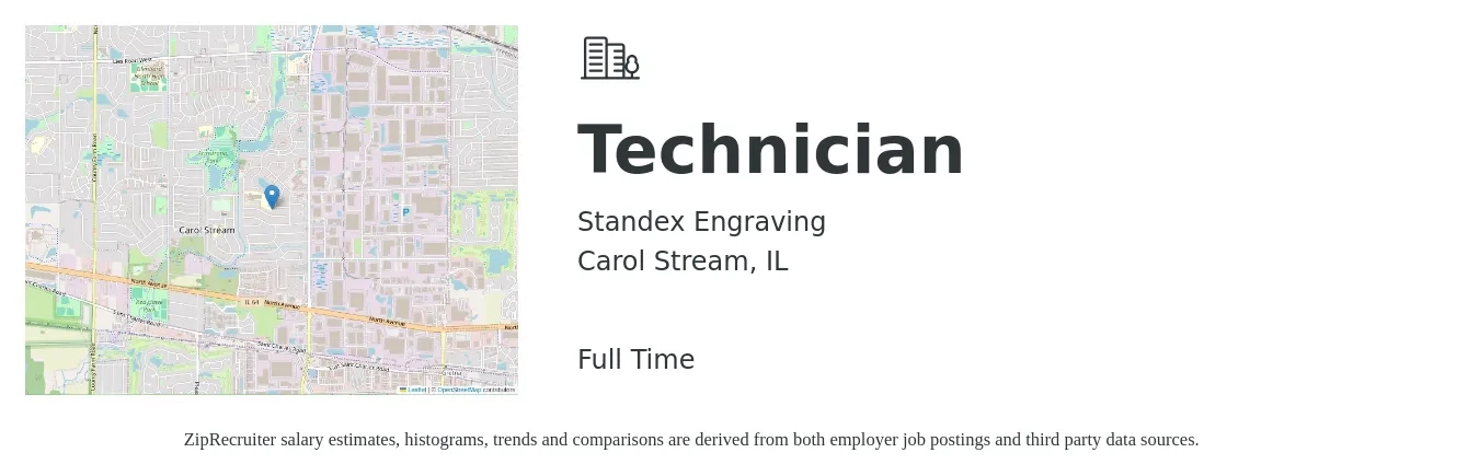 Standex Engraving job posting for a Technician in Carol Stream, IL with a salary of $19 to $26 Hourly with a map of Carol Stream location.