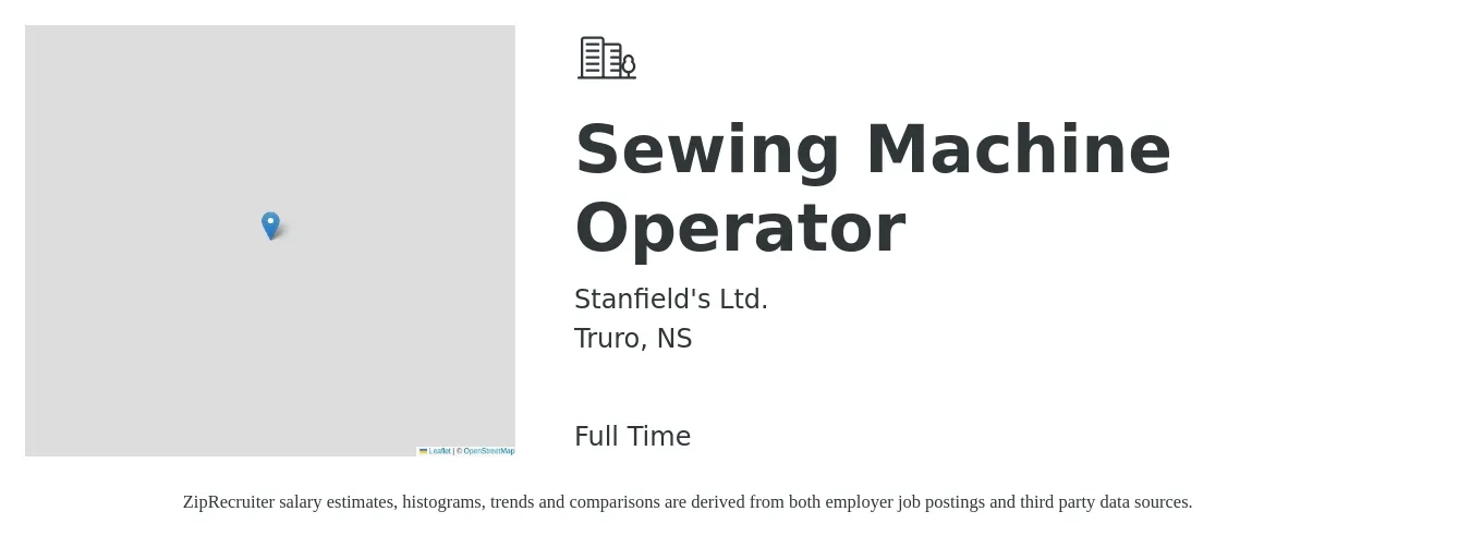 Stanfield's Ltd. job posting for a Sewing Machine Operator in Truro, NS with a map of Truro location.