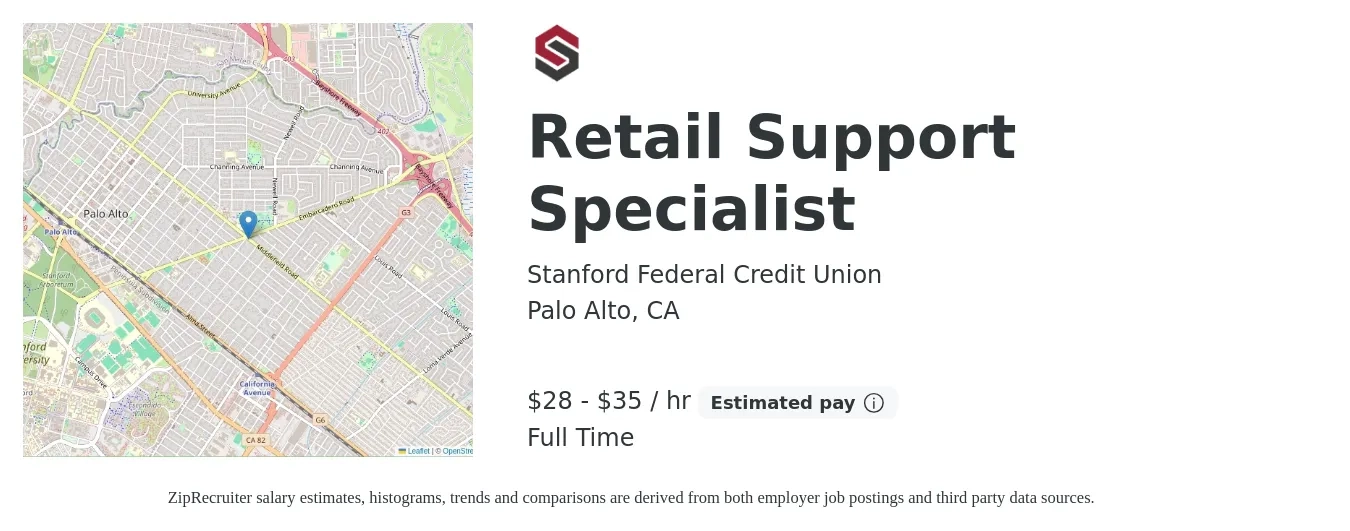 Stanford Federal Credit Union job posting for a Retail Support Specialist in Palo Alto, CA with a salary of $30 to $37 Hourly with a map of Palo Alto location.