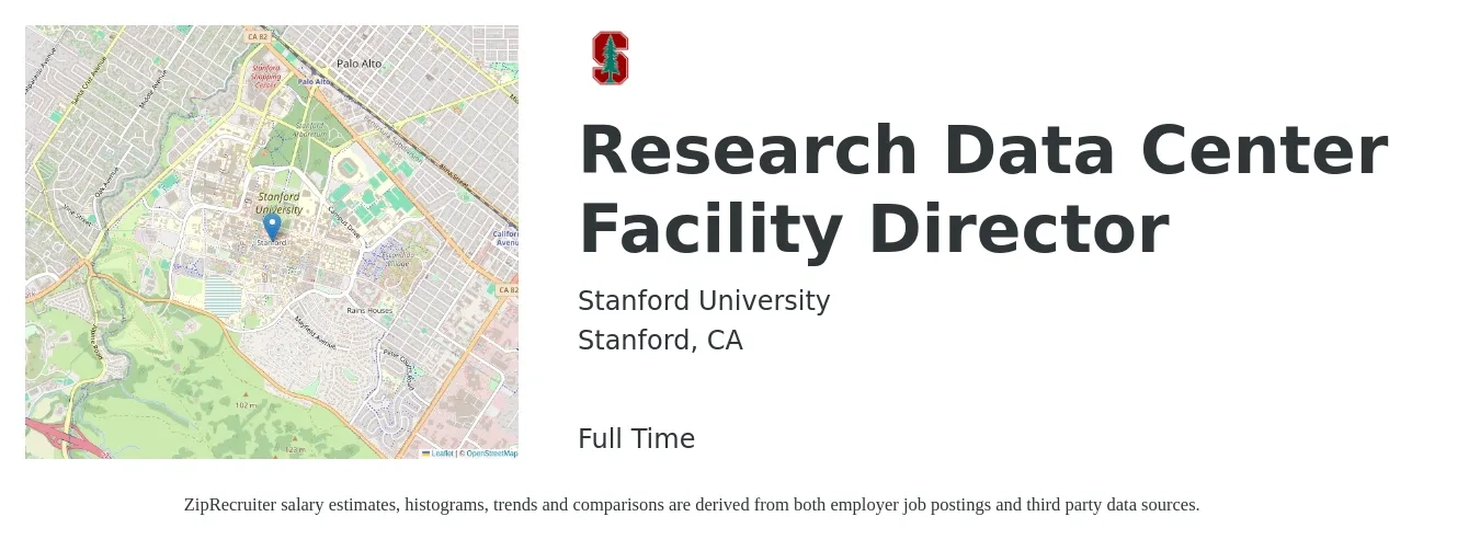 Stanford University job posting for a Research Data Center Facility Director in Stanford, CA with a salary of $159,200 to $269,100 Yearly with a map of Stanford location.