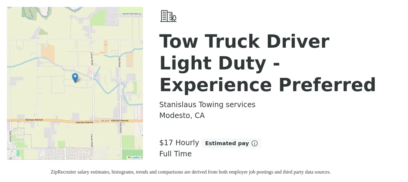 Stanislaus Towing services job posting for a Tow Truck Driver Light Duty - Experience Preferred in Modesto, CA with a salary of $18 Hourly with a map of Modesto location.