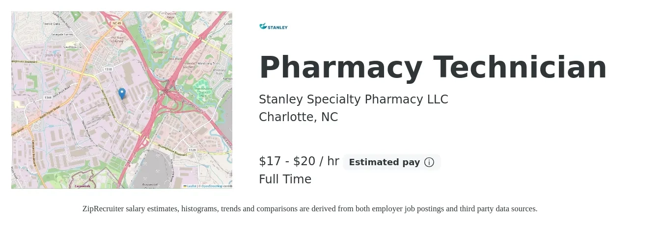 Stanley Specialty Pharmacy LLC job posting for a Pharmacy Technician in Charlotte, NC with a salary of $18 to $21 Hourly with a map of Charlotte location.