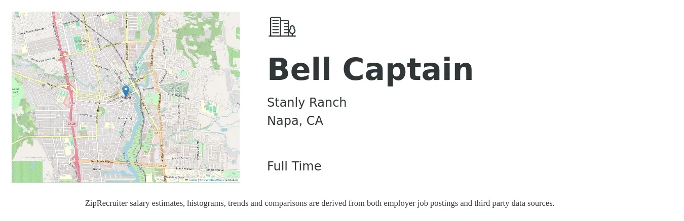 Stanly Ranch job posting for a Bell Captain in Napa, CA with a salary of $20 to $35 Hourly with a map of Napa location.