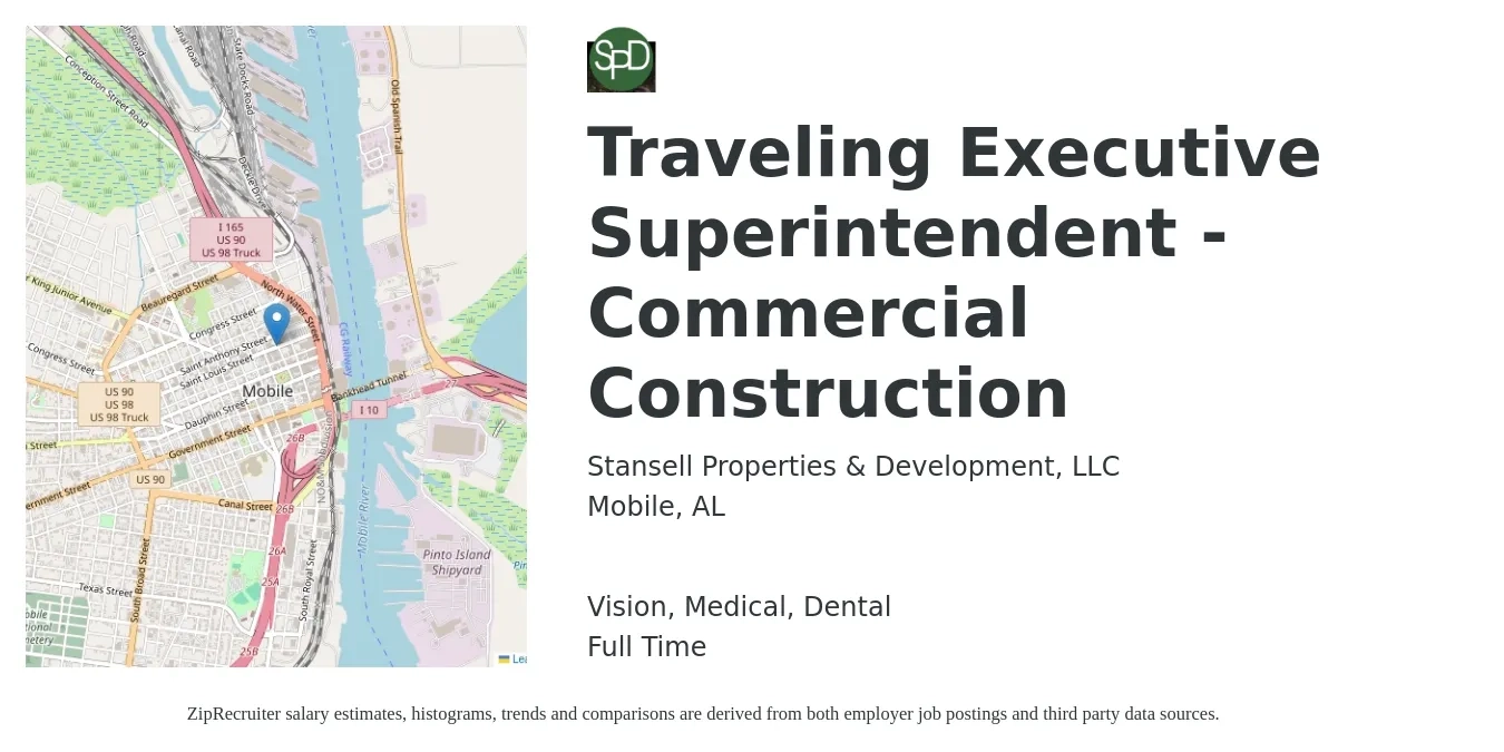 Stansell Properties & Development, LLC job posting for a Traveling Executive Superintendent - Commercial Construction in Mobile, AL with a salary of $83,900 to $117,100 Yearly and benefits including dental, life_insurance, medical, pto, retirement, and vision with a map of Mobile location.