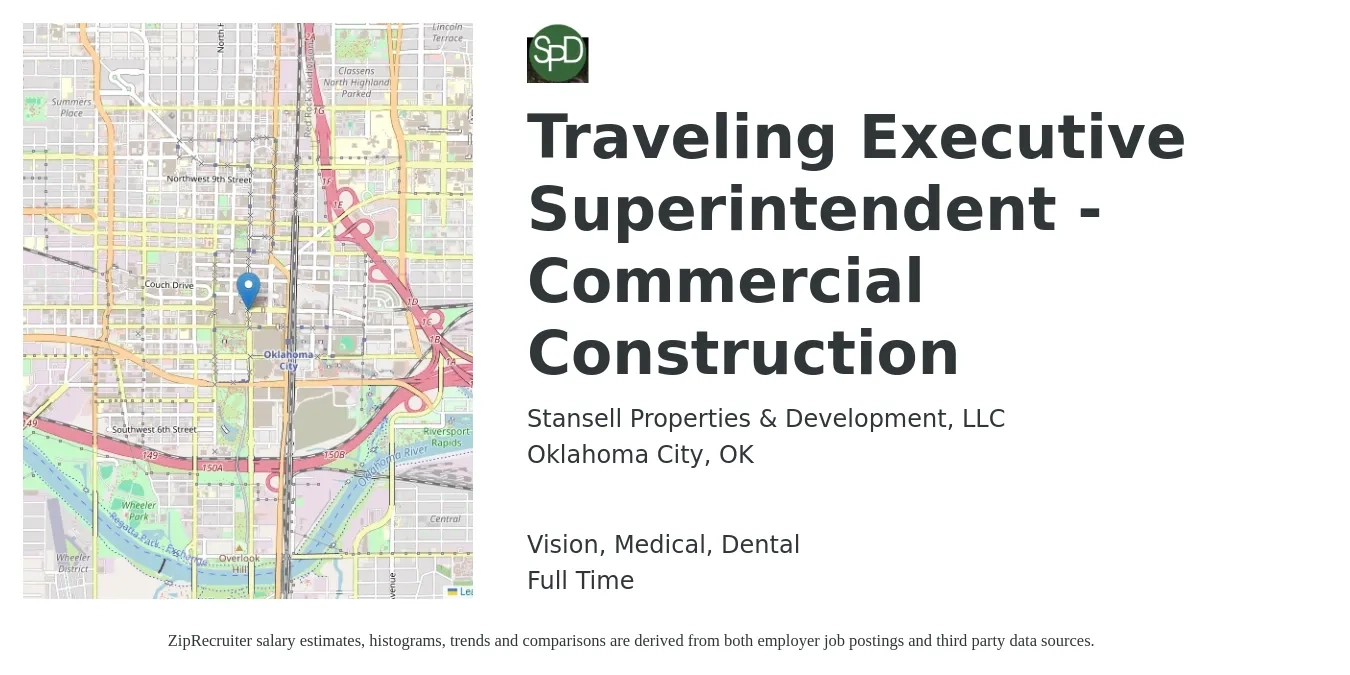 Stansell Properties & Development, LLC job posting for a Traveling Executive Superintendent - Commercial Construction in Oklahoma City, OK with a salary of $78,500 to $109,600 Yearly and benefits including dental, life_insurance, medical, pto, retirement, and vision with a map of Oklahoma City location.