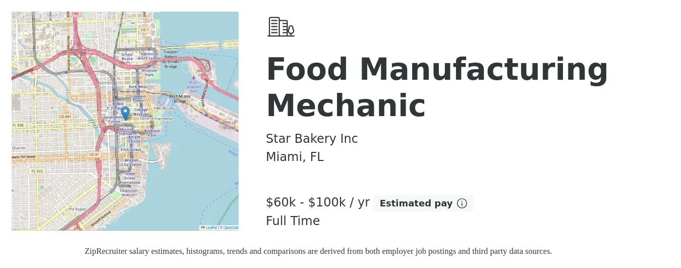 Star Bakery Inc job posting for a Food Manufacturing Mechanic in Miami, FL with a salary of $60,000 to $100,000 Yearly and benefits including pto, and retirement with a map of Miami location.