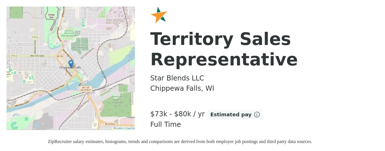 Star Blends LLC job posting for a Territory Sales Representative in Chippewa Falls, WI with a salary of $48,500 to $80,500 Yearly with a map of Chippewa Falls location.