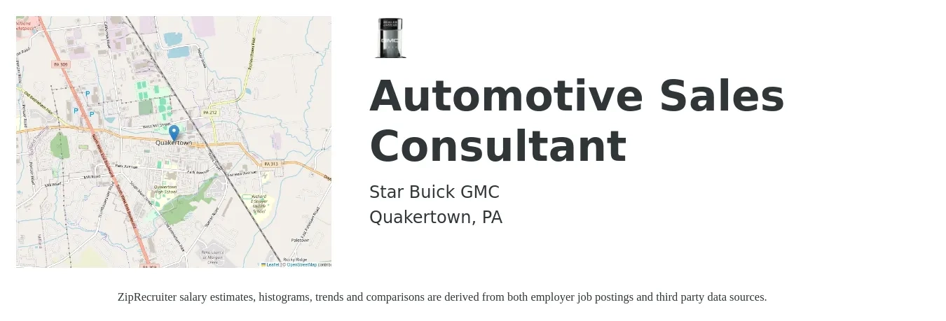 Star Buick GMC job posting for a Automotive Sales Consultant in Quakertown, PA with a salary of $60,000 to $200,000 Yearly with a map of Quakertown location.