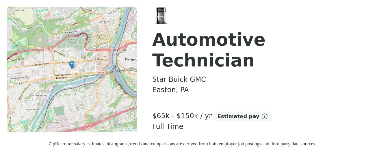 Star Buick GMC job posting for a Automotive Technician in Easton, PA with a salary of $65,000 to $150,000 Yearly with a map of Easton location.