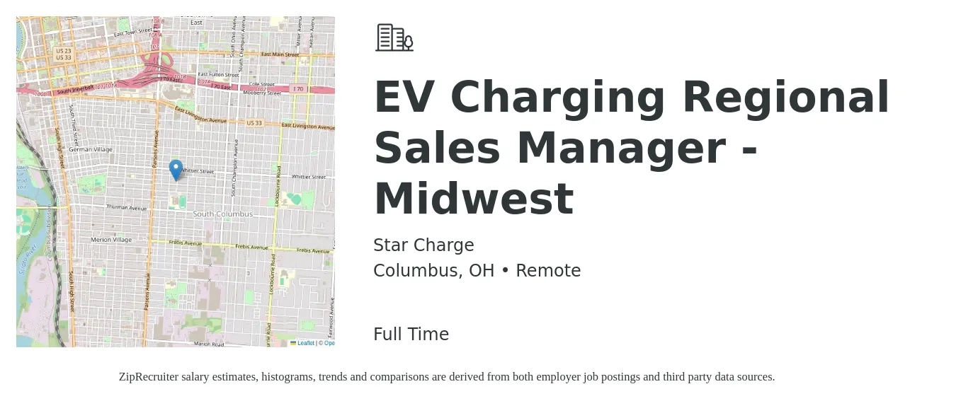 Star Charge job posting for a EV Charging Regional Sales Manager - Midwest in Columbus, OH with a salary of $80,000 to $140,000 Yearly with a map of Columbus location.