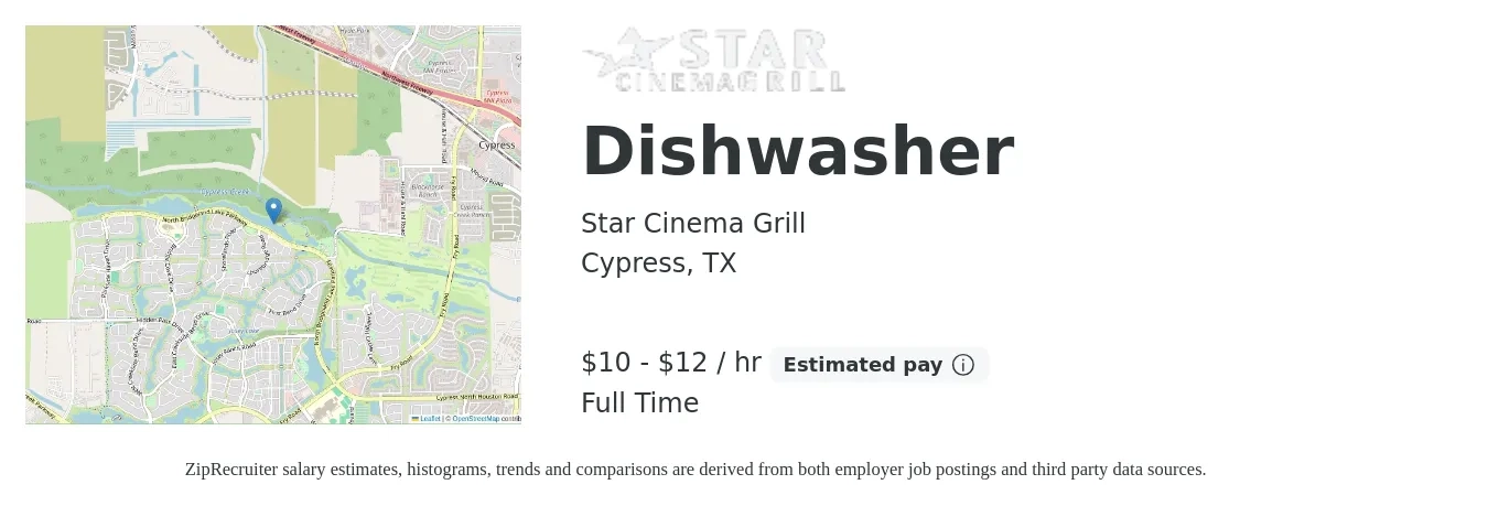 Star Cinema Grill job posting for a Dishwasher in Cypress, TX with a salary of $11 to $13 Hourly with a map of Cypress location.