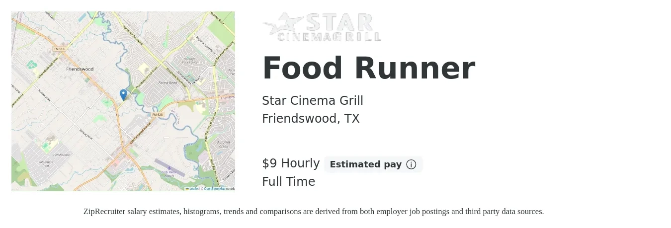 Star Cinema Grill job posting for a Food Runner in Friendswood, TX with a salary of $10 Hourly with a map of Friendswood location.