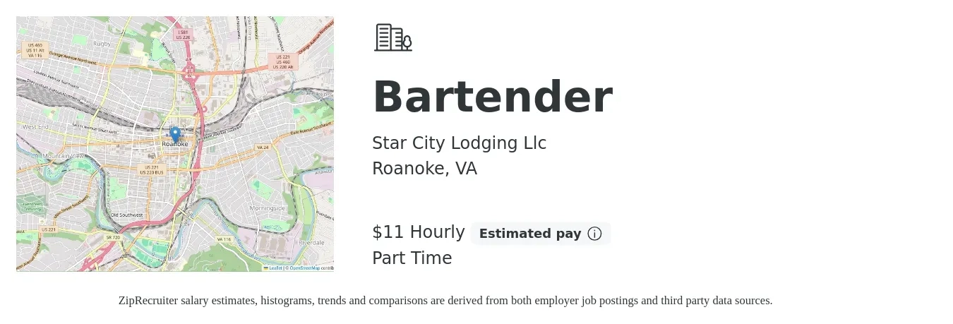 Star City Lodging Llc job posting for a Bartender in Roanoke, VA with a salary of $12 Hourly with a map of Roanoke location.