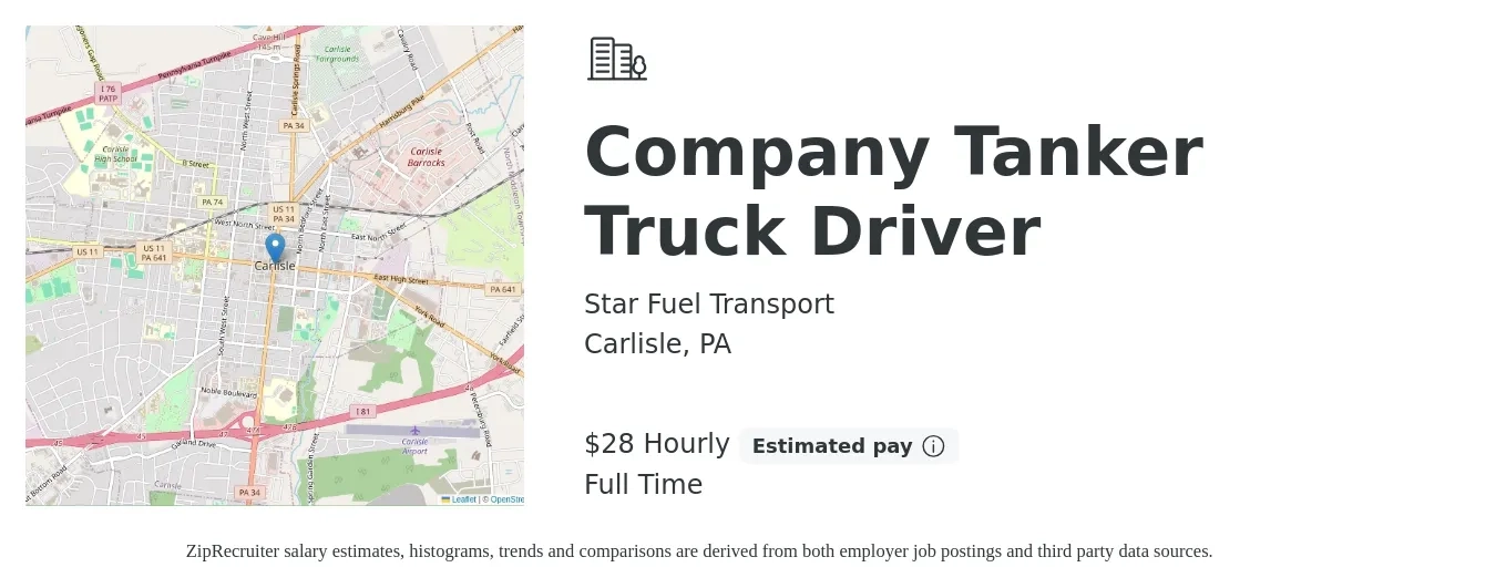Star Fuel Transport job posting for a Company Tanker Truck Driver in Carlisle, PA with a salary of $30 Hourly with a map of Carlisle location.