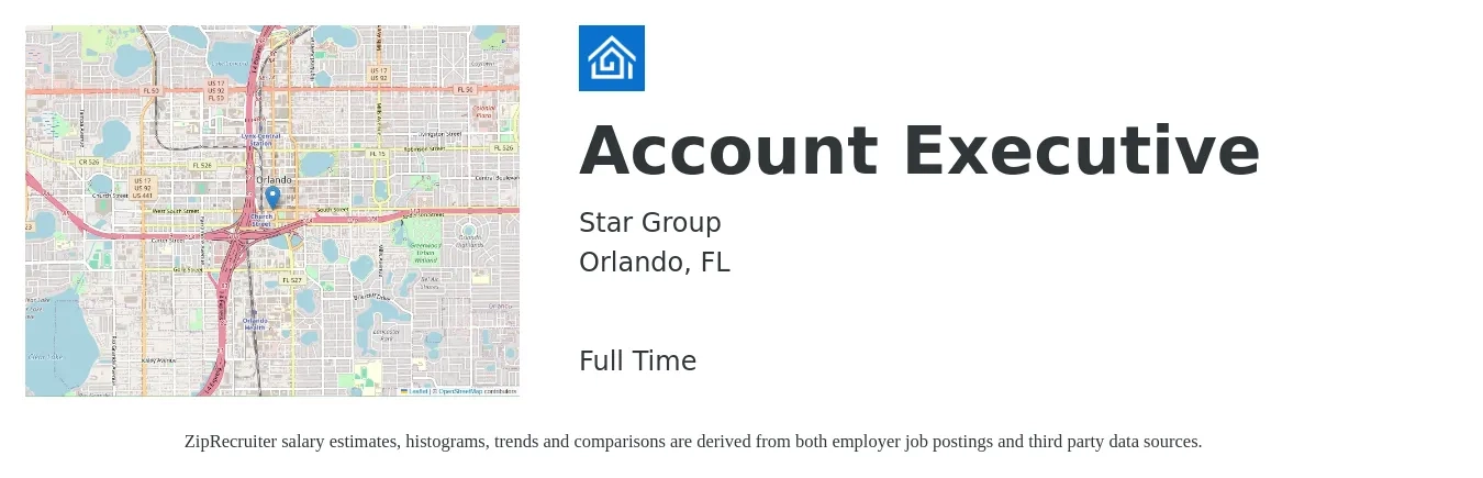 Star Group job posting for a Account Executive in Orlando, FL with a salary of $50,400 to $88,700 Yearly with a map of Orlando location.