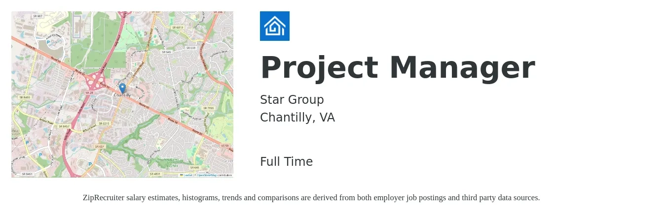 Star Group job posting for a Project Manager in Chantilly, VA with a salary of $81,100 to $127,100 Yearly with a map of Chantilly location.