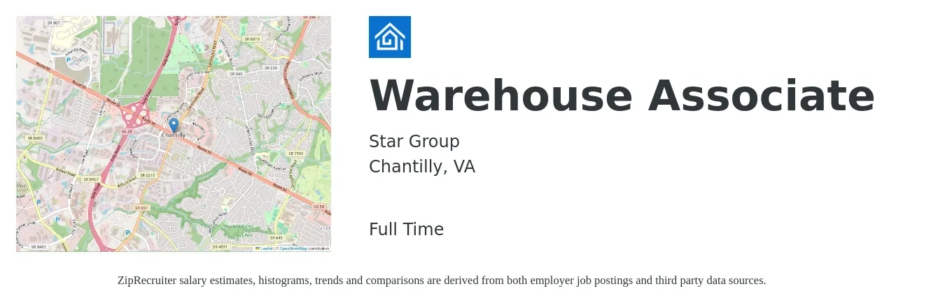 Star Group job posting for a Warehouse Associate in Chantilly, VA with a salary of $16 to $20 Hourly with a map of Chantilly location.