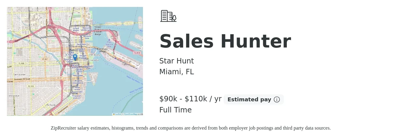 Star Hunt job posting for a Sales Hunter in Miami, FL with a map of Miami location.