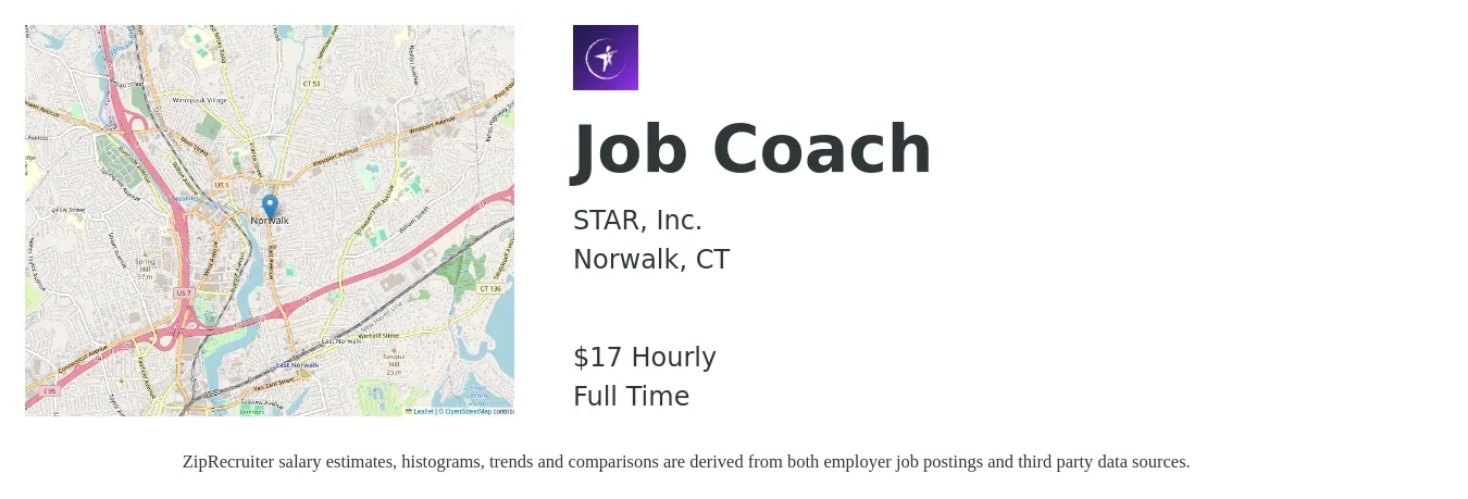 STAR, Inc. job posting for a Job Coach in Norwalk, CT with a salary of $18 Hourly with a map of Norwalk location.