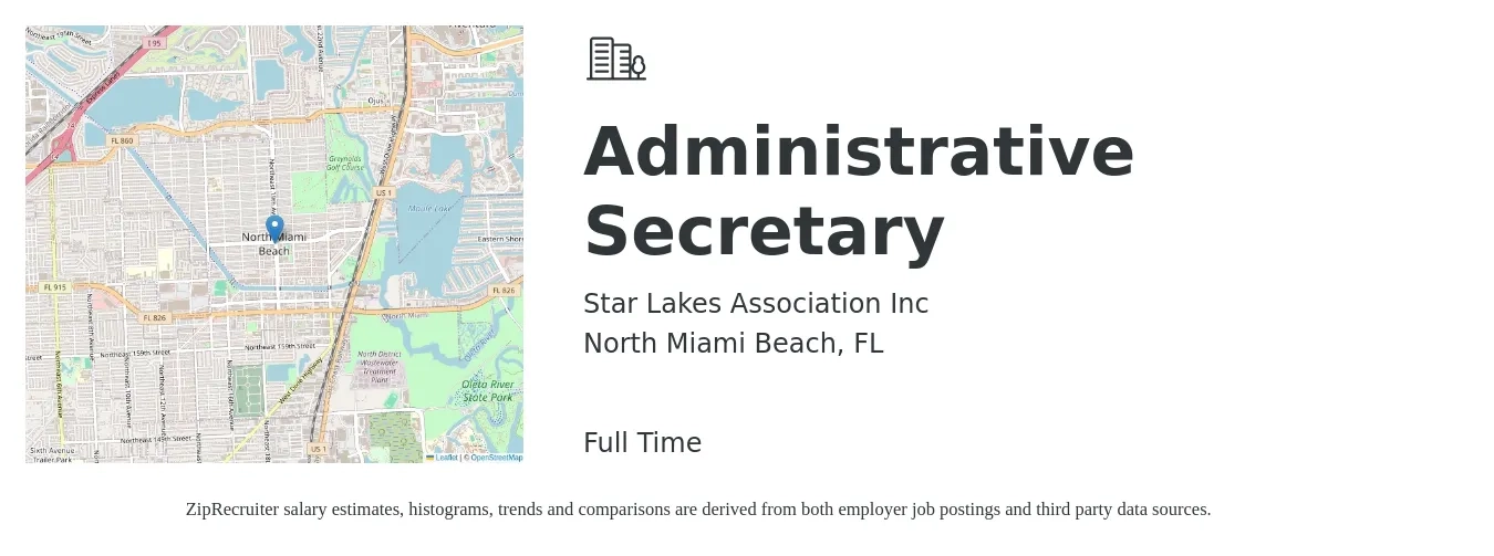 Star Lakes Association Inc job posting for a Administrative Secretary in North Miami Beach, FL with a salary of $600 to $800 Weekly with a map of North Miami Beach location.