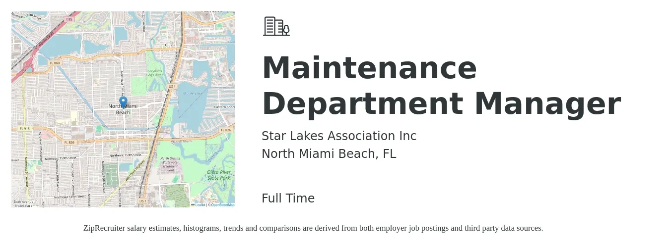 Star Lakes Association Inc job posting for a Maintenance Department Manager in North Miami Beach, FL with a salary of $600 to $900 Weekly with a map of North Miami Beach location.