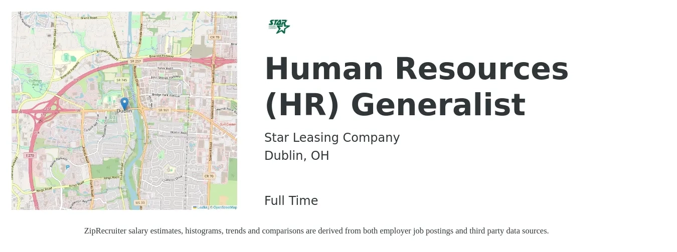 Star Leasing Company job posting for a Human Resources (HR) Generalist in Dublin, OH with a salary of $50,100 to $71,300 Yearly with a map of Dublin location.