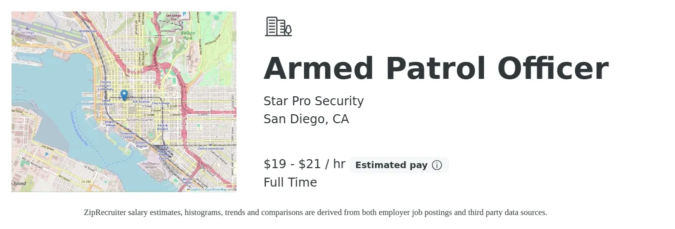 Star Pro Security job posting for a Armed Patrol Officer in San Diego, CA with a salary of $20 to $22 Hourly with a map of San Diego location.