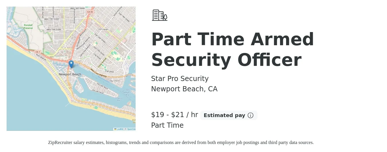 Star Pro Security job posting for a Part Time Armed Security Officer in Newport Beach, CA with a salary of $20 to $22 Hourly with a map of Newport Beach location.